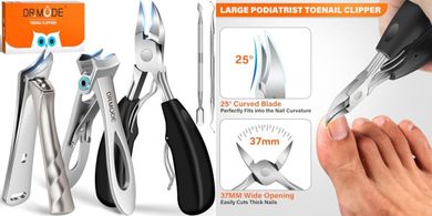 Heavy-duty toenail clippers for thick nails, wide opening, long handle.
