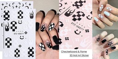 Black & White 3D Nail Art Stickers: Checkerboard, Flames, Stars, Moons
