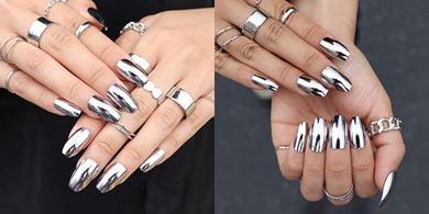 Glossy Chrome Coffin Press-on Nails with Design (24 pcs)
