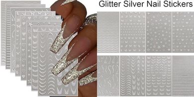 3D Glitter Silver French & Heart Nail Stickers
