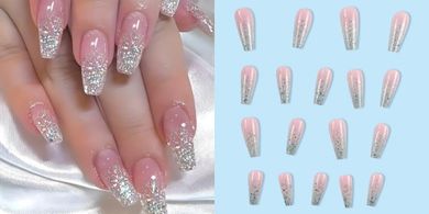 Pink Ombre Coffin Press-on Nails with Glitter & Bling (24pcs)
