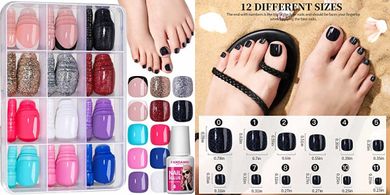 FANDAMEI Press-on Toenails: 288 pc Variety Pack (Short, Glitter, Glossy, French)
