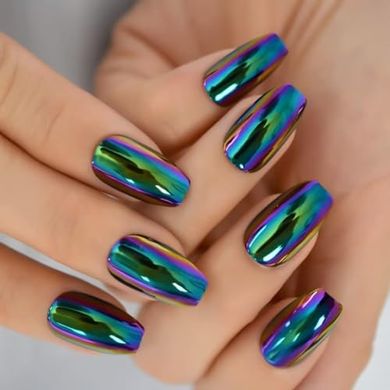 Chrome Magic Mirror Green/Purple Holo Coffin Nails (24 pc Reusable Kit)
