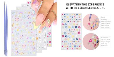 5D Embossed Flower Nail Stickers with Tweezer
