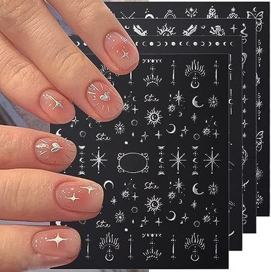 3D Silver Metallic & Boho Nail Stickers: Stars, Moons, Suns, Butterflies (8 Sheets)
