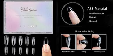 500 Clear Oval Acrylic Nail Tips, 10 Sizes, Full Cover
