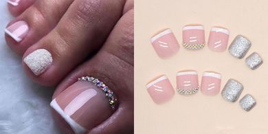 French Tip Press-On Toenails with Rhinestones
