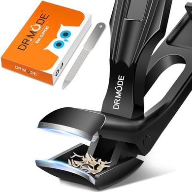 Heavy-duty toenail clippers with angled head, wide jaw, and catcher.
