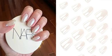 Chrome White Press-on Nails: Short Oval, Mirror Shine, Reusable Kit
