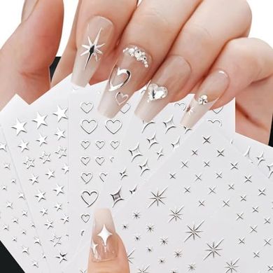 3D Metallic Silver & Heart Nail Stickers (Self-Adhesive, Y2K Style)
