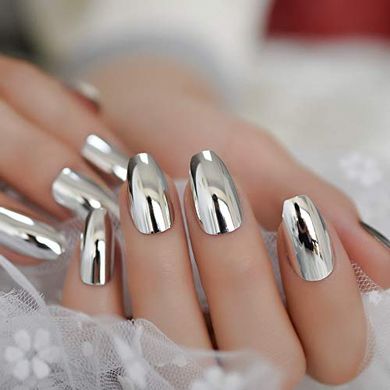 Shiny Silver Coffin Ballerina Press-On Nails
