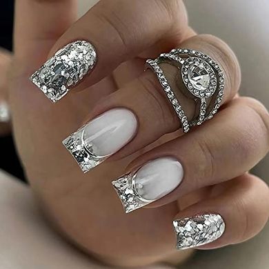 Silver Glitter & White French Tip Press-on Nails
