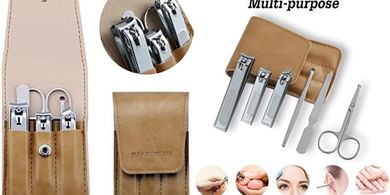 Beige Leather Manicure Set: 6 Stainless Steel Nail Clippers
