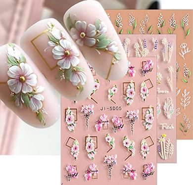 3D Flower & Leaf Nail Art Stickers (4 Sheets, Self-Adhesive)
