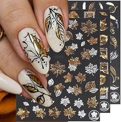 Autumn Leaves Nail Decals: 3D Gold Maple Leaf Stickers (9 Sheets)
