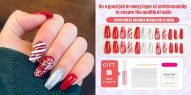 Red & White Snowflake Christmas Press-on Nails (24pc)
