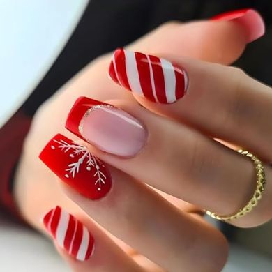 Red & White Snowflake Christmas Press-On Nails (24 pc)
