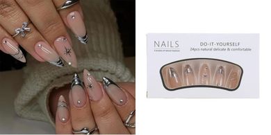 Reusable Nude Glossy Almond Press-on Nails with Rhinestones (24pc)
