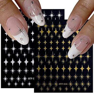 Star Nail Art Stickers: Gold, Silver, Black, White Designs
