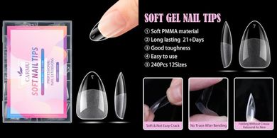 Carmu Short Almond Gel Nail Tips: 240pc Press-on Set, 12 Sizes
