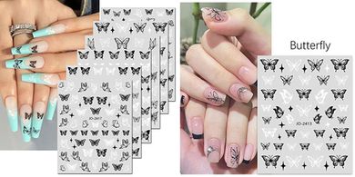 Holographic Butterfly Nail Stickers: Black, White, Star Designs
