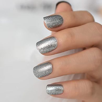 Silver Glitter Press-On Nails: Short, Square, Office-Ready
