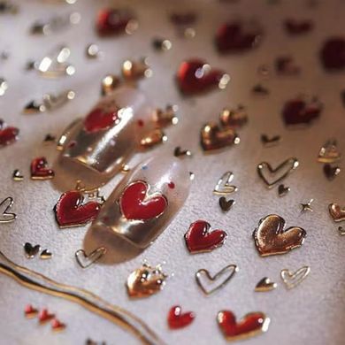 5D Embossed Heart Nail Stickers: Gold & Red Valentine