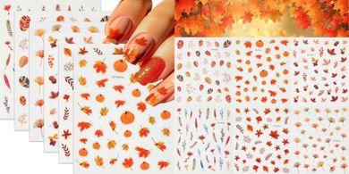 Autumn Nail Art Stickers: Maple Leaf, Pumpkin, Ginkgo Designs (6 Sheets)
