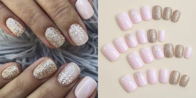 Short Square Pink & Gold Snowflake Christmas Press-On Nails (24 pcs)
