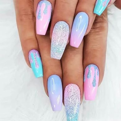 Rainbow Gradient Coffin Press-on Nails with Macaron Design
