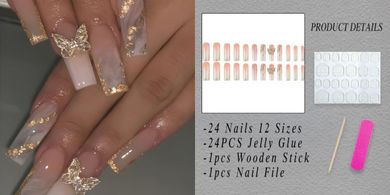 Gold Glitter Ombre Butterfly Coffin Nails (24 pc reusable kit)
