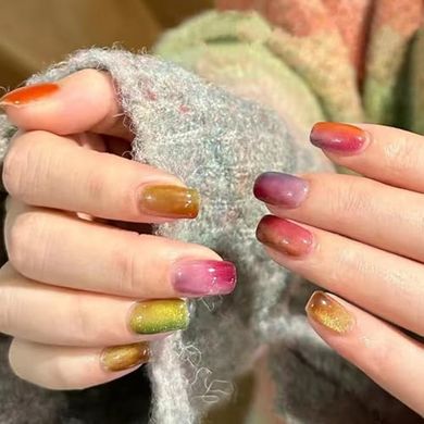 Rainbow Ombre Press-on Nails with Glitter: 24pc Colorful Set
