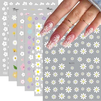 Daisy Floral Nail Stickers: 3D Pink & White, 6 Sheets
