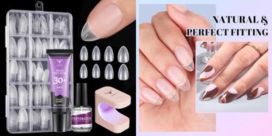 Almond Gel Nails: 300-Piece Kit with Lamp & Gel
