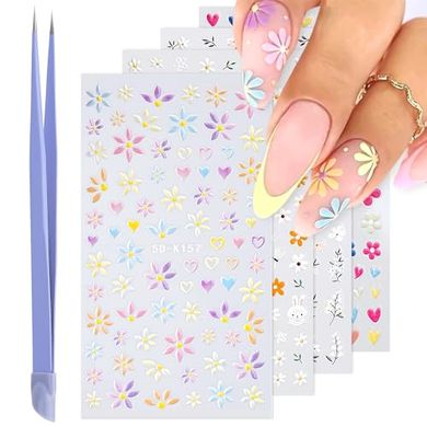 5D Embossed Flower Nail Stickers with Tweezers
