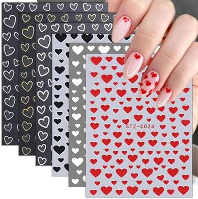 Heart Nail Stickers: Red, White, Black, Gold, Silver 3D Decals
