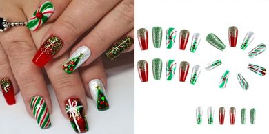 Christmas Coffin Press-on Nails: Green & Red Glitter Designs
