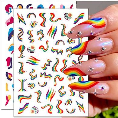 Rainbow Wave Nail Stickers: 3D Self-Adhesive Decals
