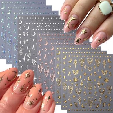 Star & Moon Nail Art Stickers: 12 Sheets, 3D Aurora & Silver
