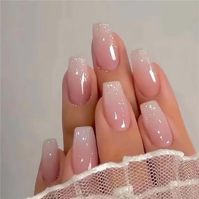 Glossy Pink Coffin Press-On Nails with Glitter & Ombre Designs (24pc)
