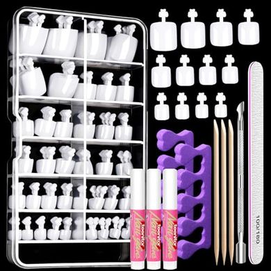 White Press-On Toenails Kit: 120 Acrylic Toe Nail Tips with Glue
