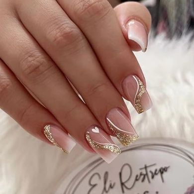 Glossy White Ombre Square Press-on Nails with Gold Glitter
