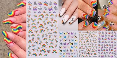 Rainbow Wave Nail Art Stickers: French Tip & Geometry Designs
