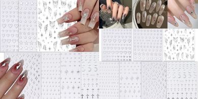 7-Sheet Metallic Silver & Butterfly Nail Stickers (3D Star, Y2K)
