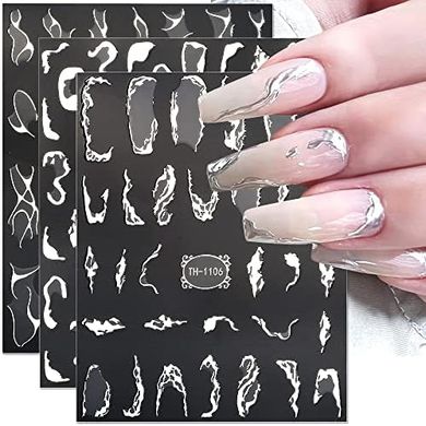 Metallic Silver Nail Stickers: 3D Wave & French Line Designs
