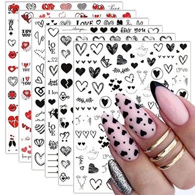 SINSEN Heart Nail Stickers: 6 sheets of 3D self-adhesive heart designs.
